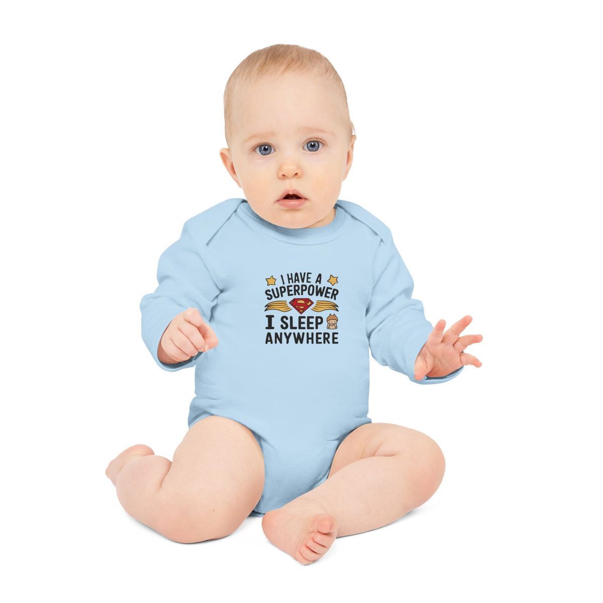 "I have a superpower I sleep anywhere" Baby Long-Sleeve Organic Bodysuit