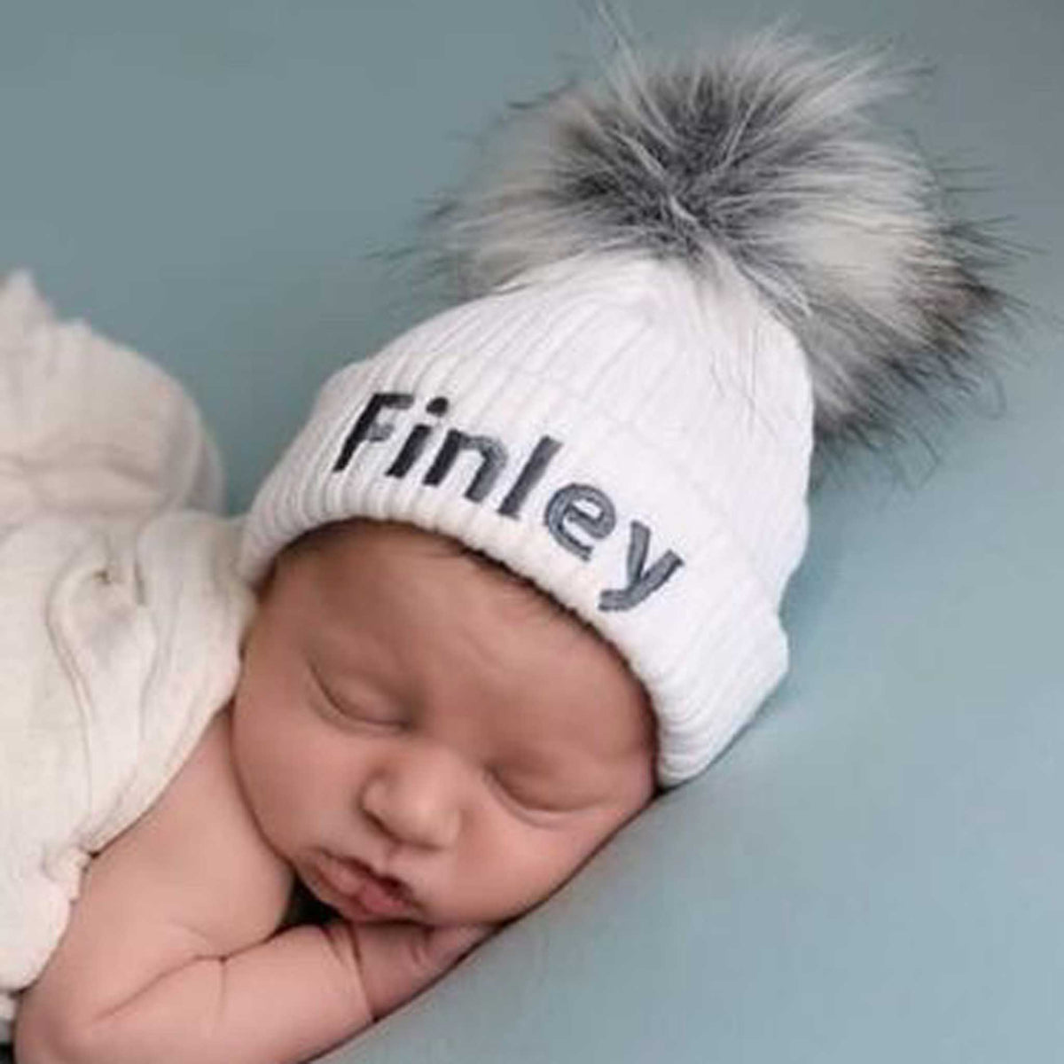 Personalised Baby Hat - White Pom Pom Hat Unisex