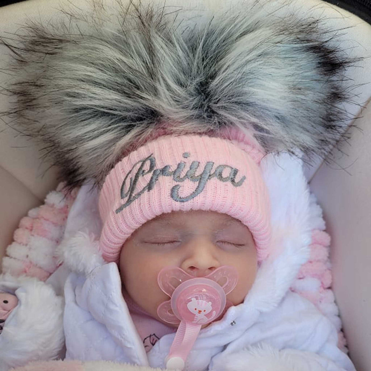 Personalised Pink Baby Girl Pom Hat with Two Grey Poms – Embroidered Name