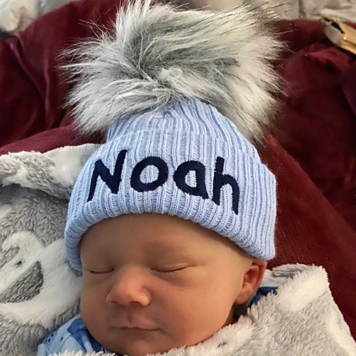 Personalised Baby Blue Hat with Faux Fur Pom Pom | Newborn &amp; 0–6 Months
