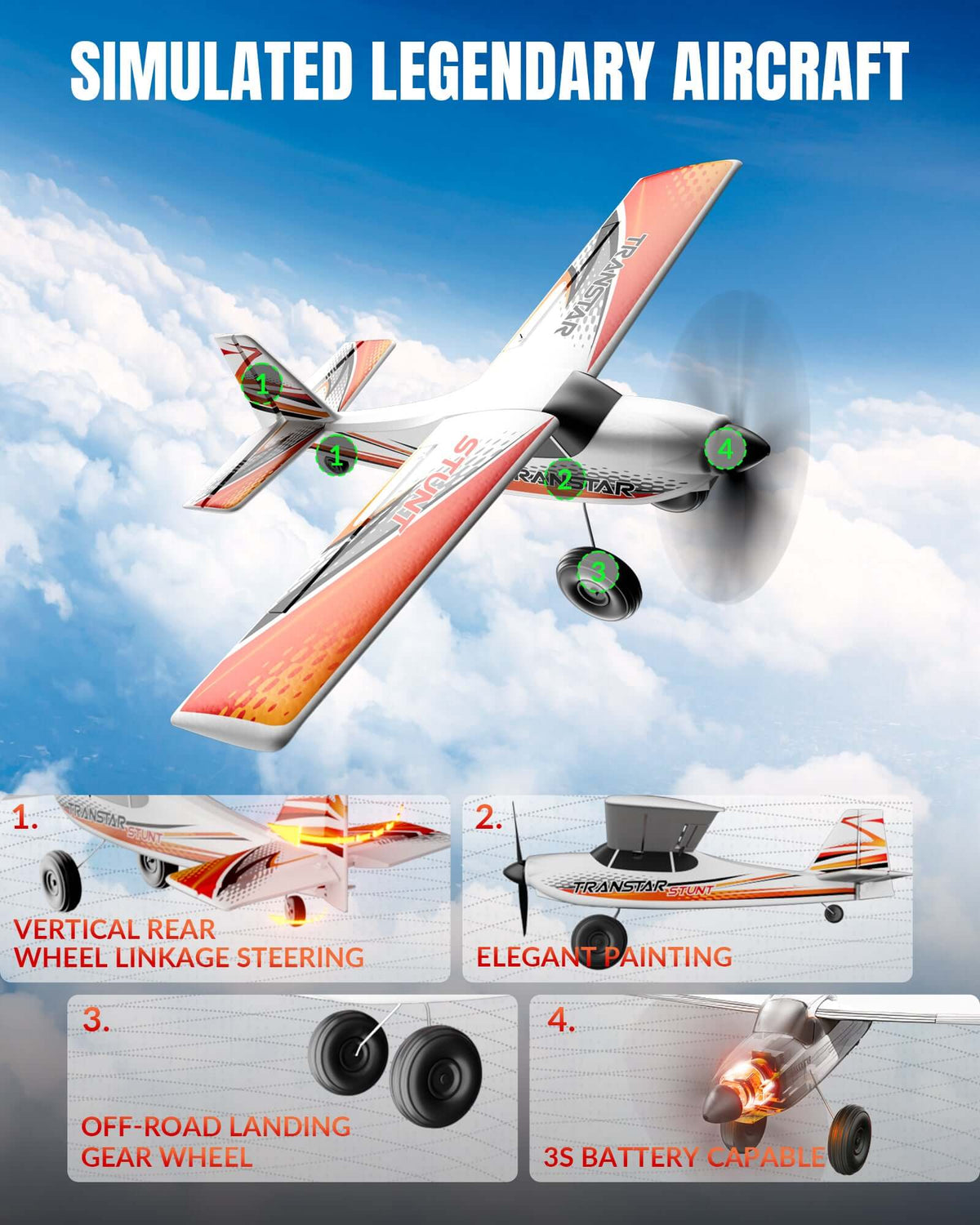 VolantexRC Trainstar 500mm Brushless RC Plane 2S/3S Power RTF – Green/Orange