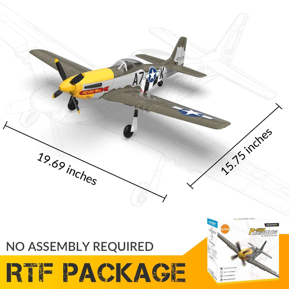 P51D RC Airplane, 4-Channel Brushless Motor, XPilot Stabilizer, 2.4GHz Remote