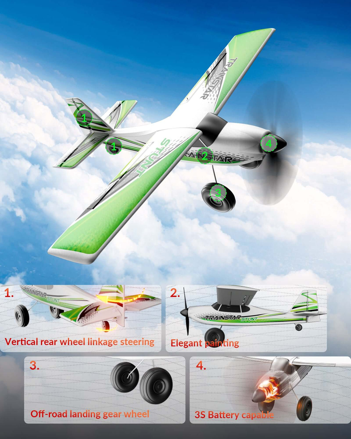 VolantexRC Trainstar 500mm Brushless RC Plane 2S/3S Power RTF – Green/Orange