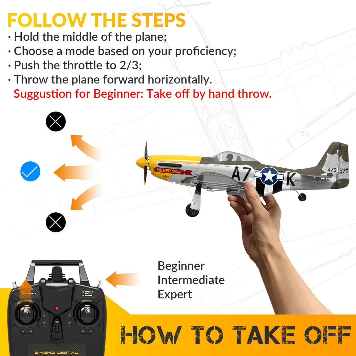 P51D RC Airplane, 4-Channel Brushless Motor, XPilot Stabilizer, 2.4GHz Remote