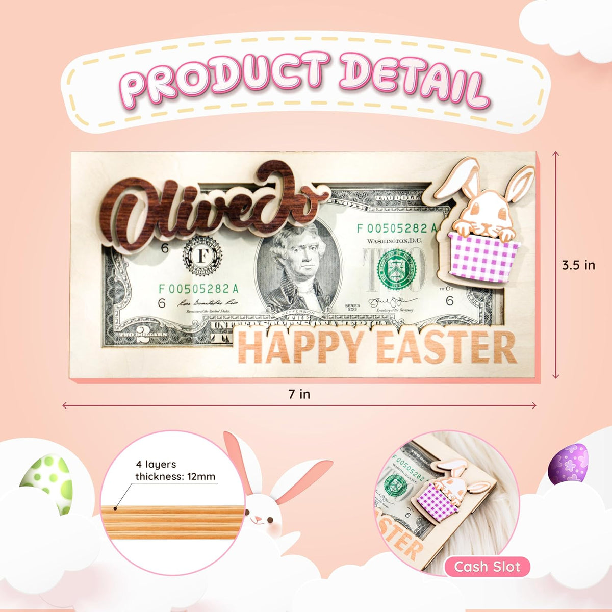 Personalized Easter Bunny Money Holder, Wooden Easter Gifts Idea For Kids MH04
