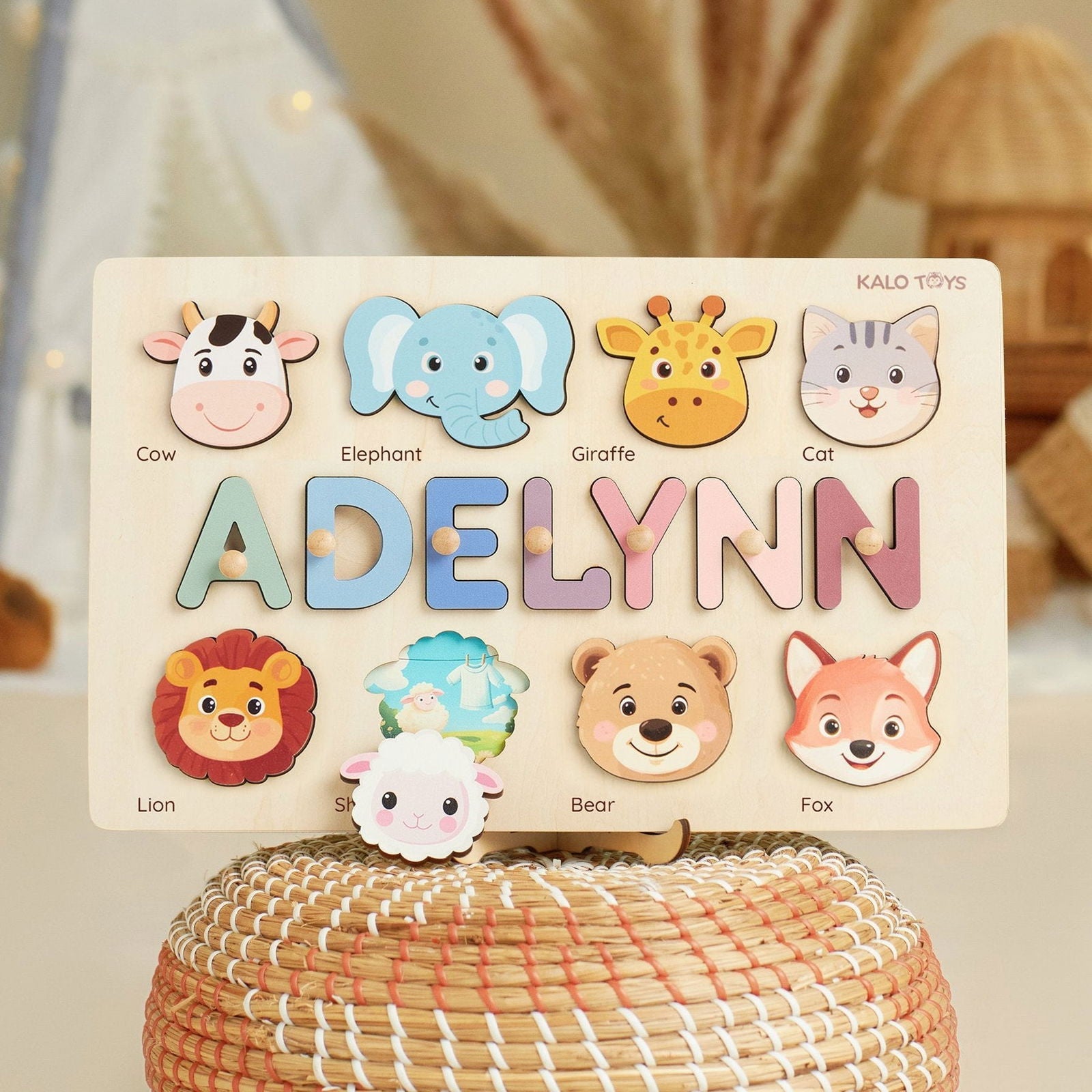 Animal Name Puzzle for Kids, Wooden Toddler Puzzle with Story-Themed Elements, Custom Gifts For 1-3 Year Old, Nursery Decor NP53