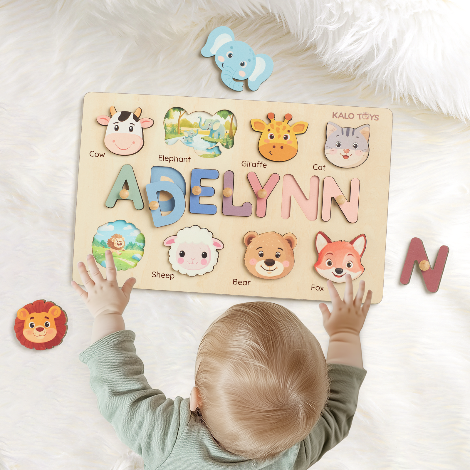 Animal Name Puzzle for Kids, Wooden Toddler Puzzle with Story-Themed Elements, Custom Gifts For 1-3 Year Old, Nursery Decor NP53