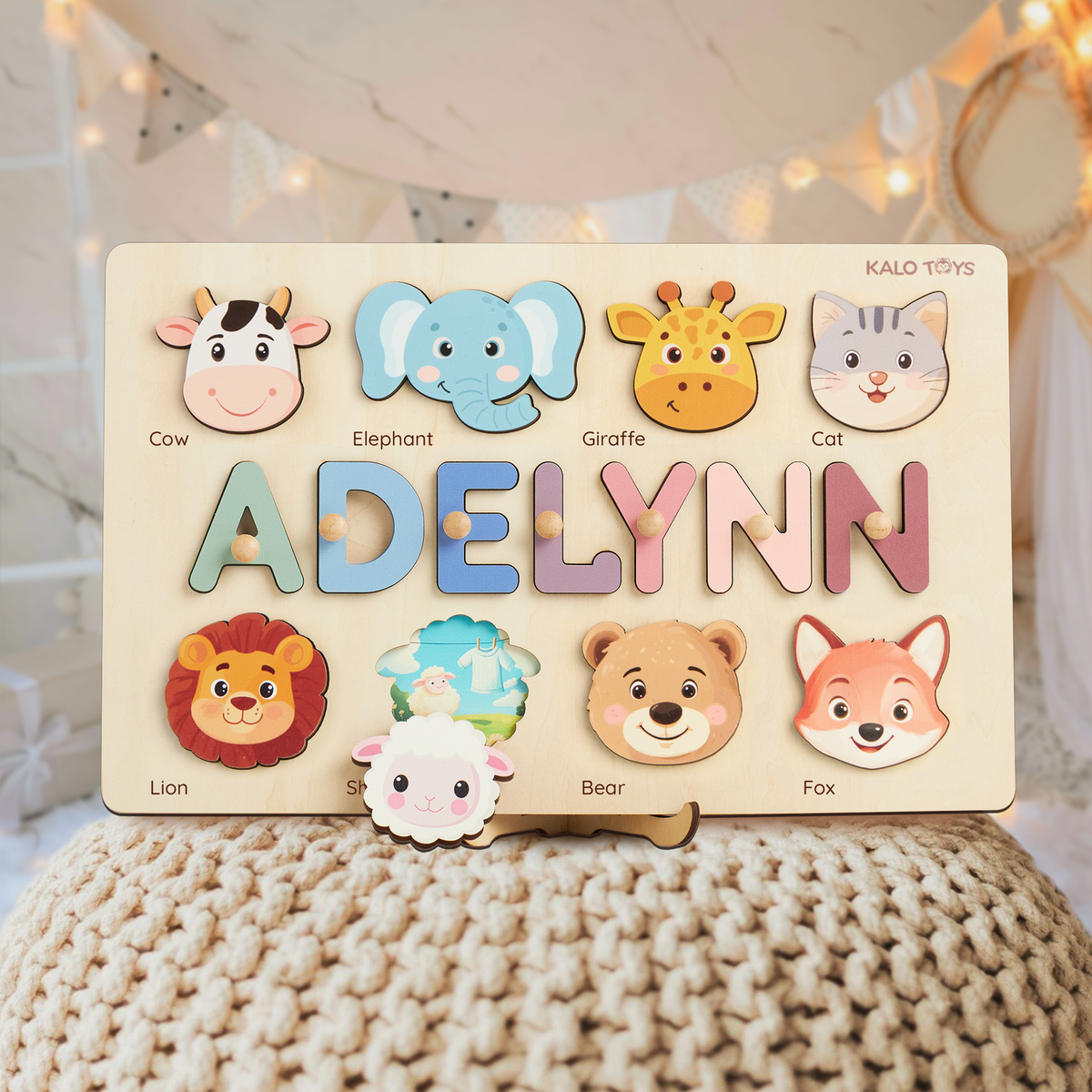 Animal Name Puzzle for Kids, Wooden Toddler Puzzle with Story-Themed Elements, Custom Gifts For 1-3 Year Old, Nursery Decor NP53