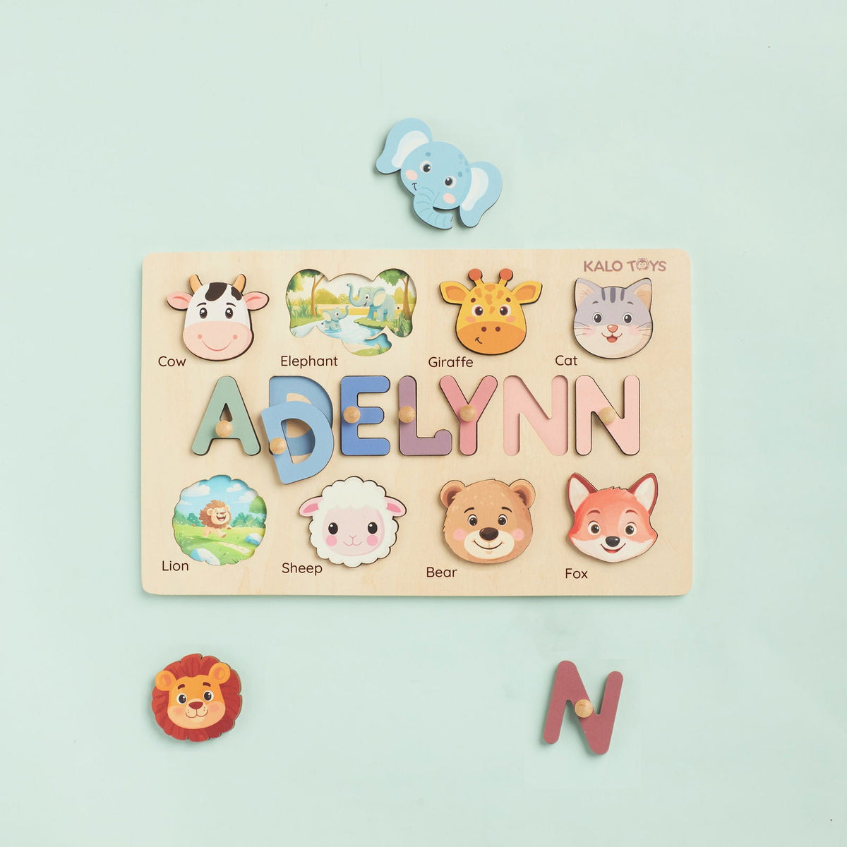 Animal Name Puzzle for Kids, Wooden Toddler Puzzle with Story-Themed Elements, Custom Gifts For 1-3 Year Old, Nursery Decor NP53