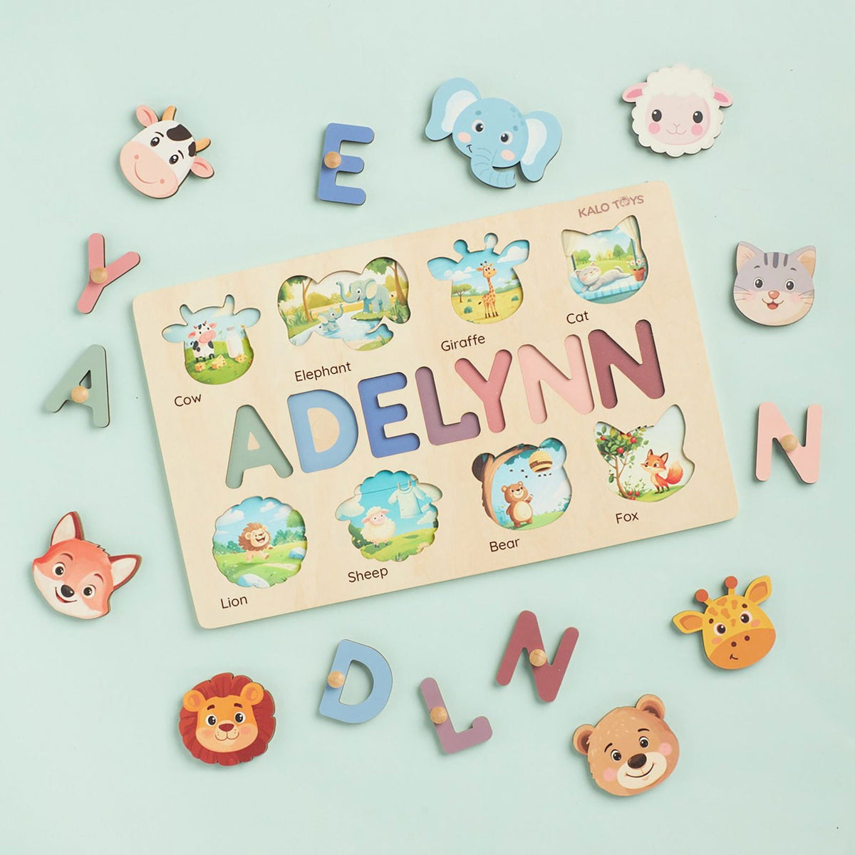 Animal Name Puzzle for Kids, Wooden Toddler Puzzle with Story-Themed Elements, Custom Gifts For 1-3 Year Old, Nursery Decor NP53