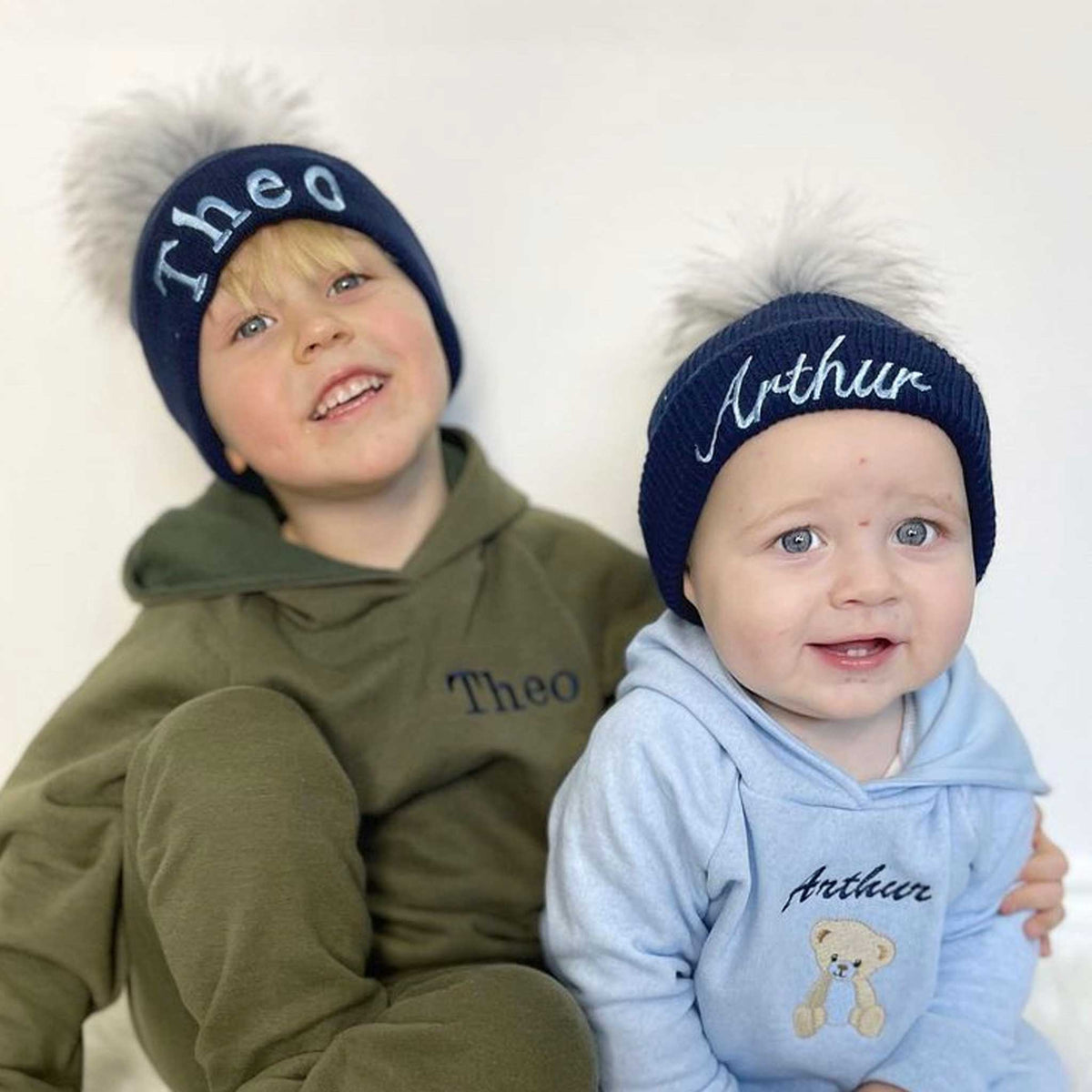 Personalised Baby Hat - Navy Blue Faux Fur Pom Pom Hat