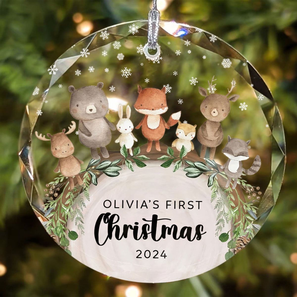 Baby's 1st Christmas Glass Ornament, Personalized Woodland Creatures, Baby Deer Ornament, Holiday Keepsake Ornament, New Baby Gift, 2025 Custom Baby Ornament GX06-12