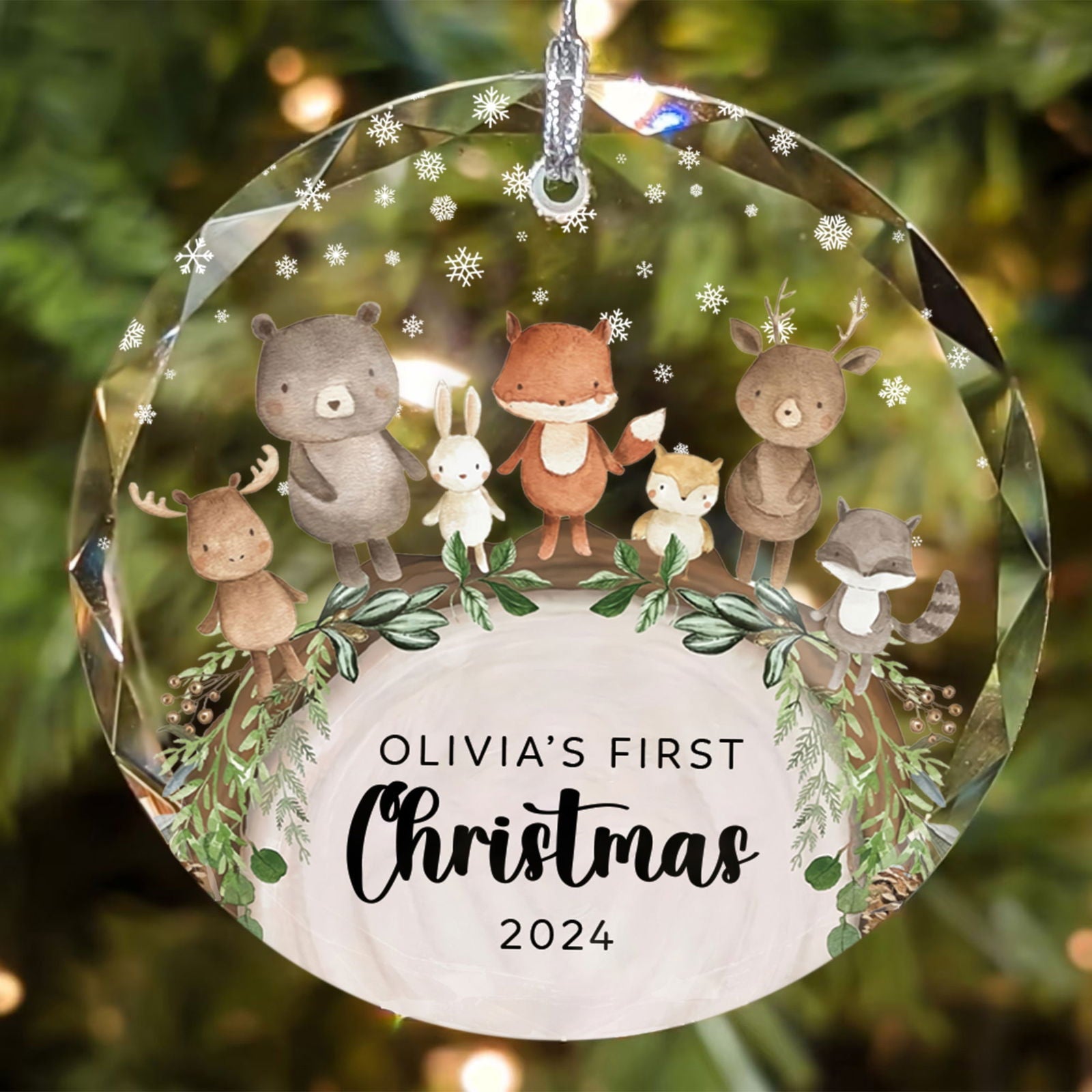 Baby's 1st Christmas Glass Ornament, Personalized Woodland Creatures, Baby Deer Ornament, Holiday Keepsake Ornament, New Baby Gift, 2025 Custom Baby Ornament GX06-12