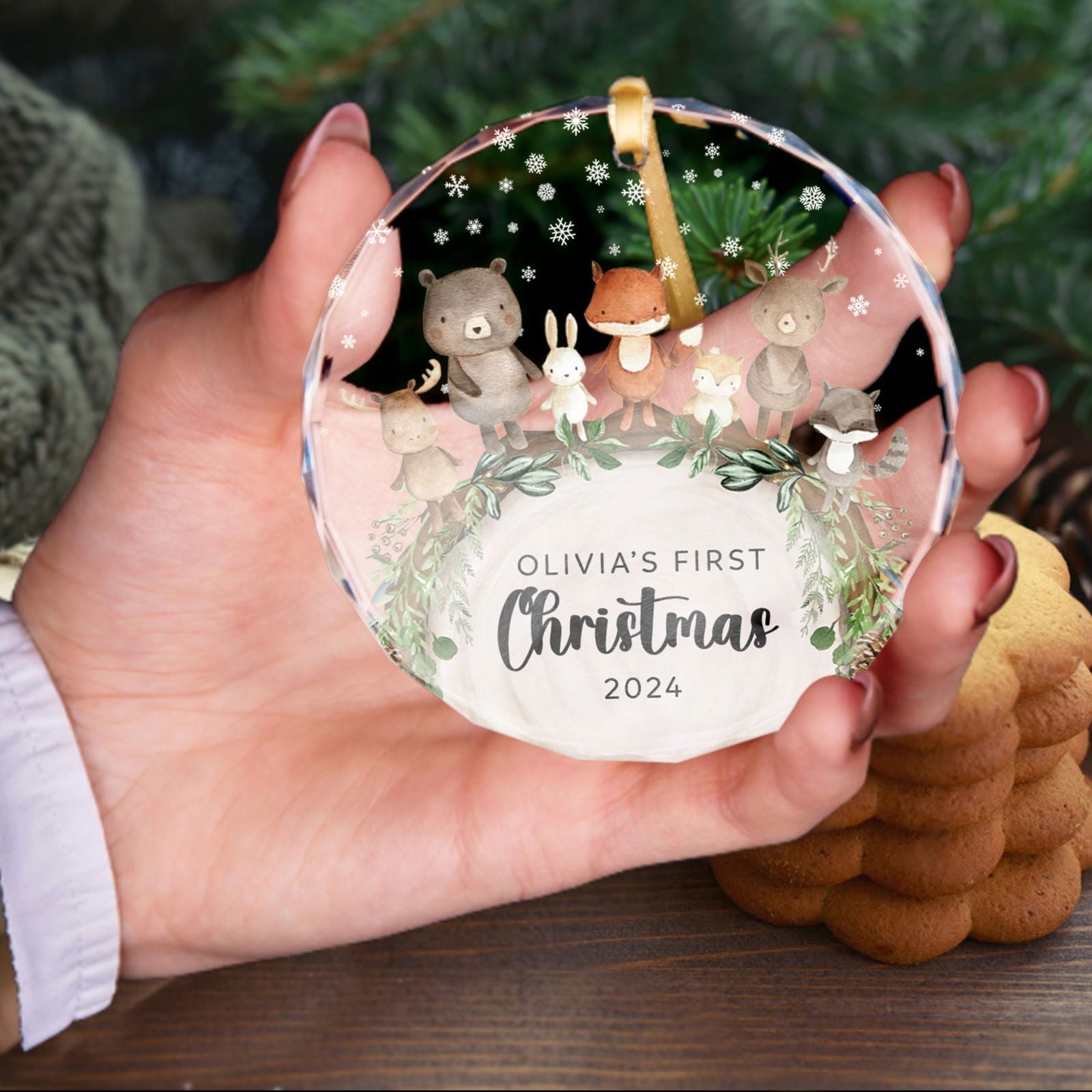 Baby's 1st Christmas Glass Ornament, Personalized Woodland Creatures, Baby Deer Ornament, Holiday Keepsake Ornament, New Baby Gift, 2025 Custom Baby Ornament GX06-12