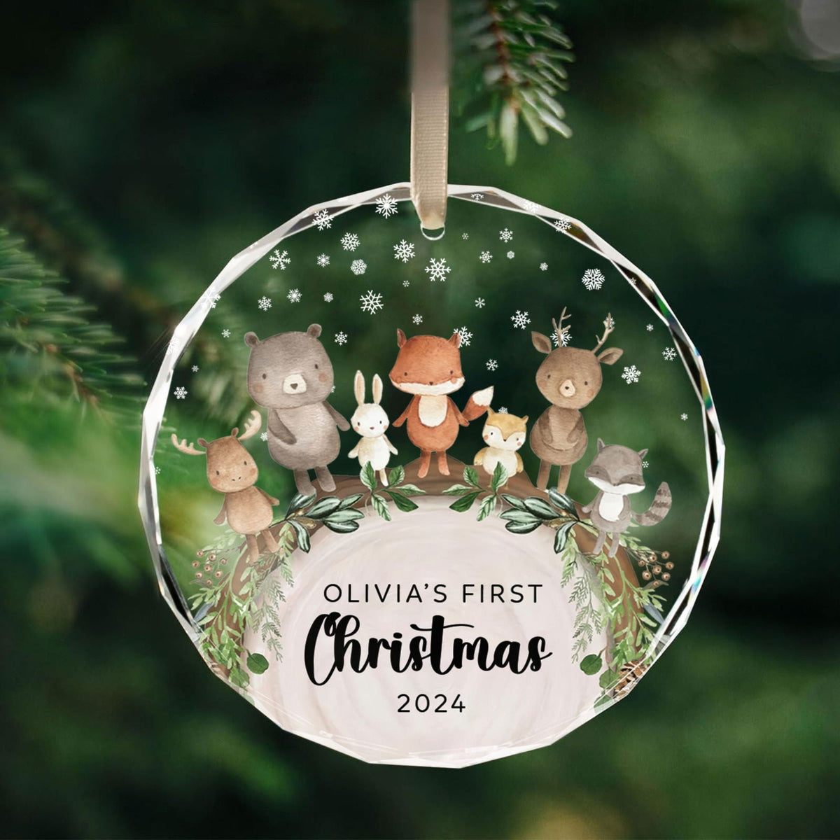 Baby's 1st Christmas Glass Ornament, Personalized Woodland Creatures, Baby Deer Ornament, Holiday Keepsake Ornament, New Baby Gift, 2025 Custom Baby Ornament GX06-12
