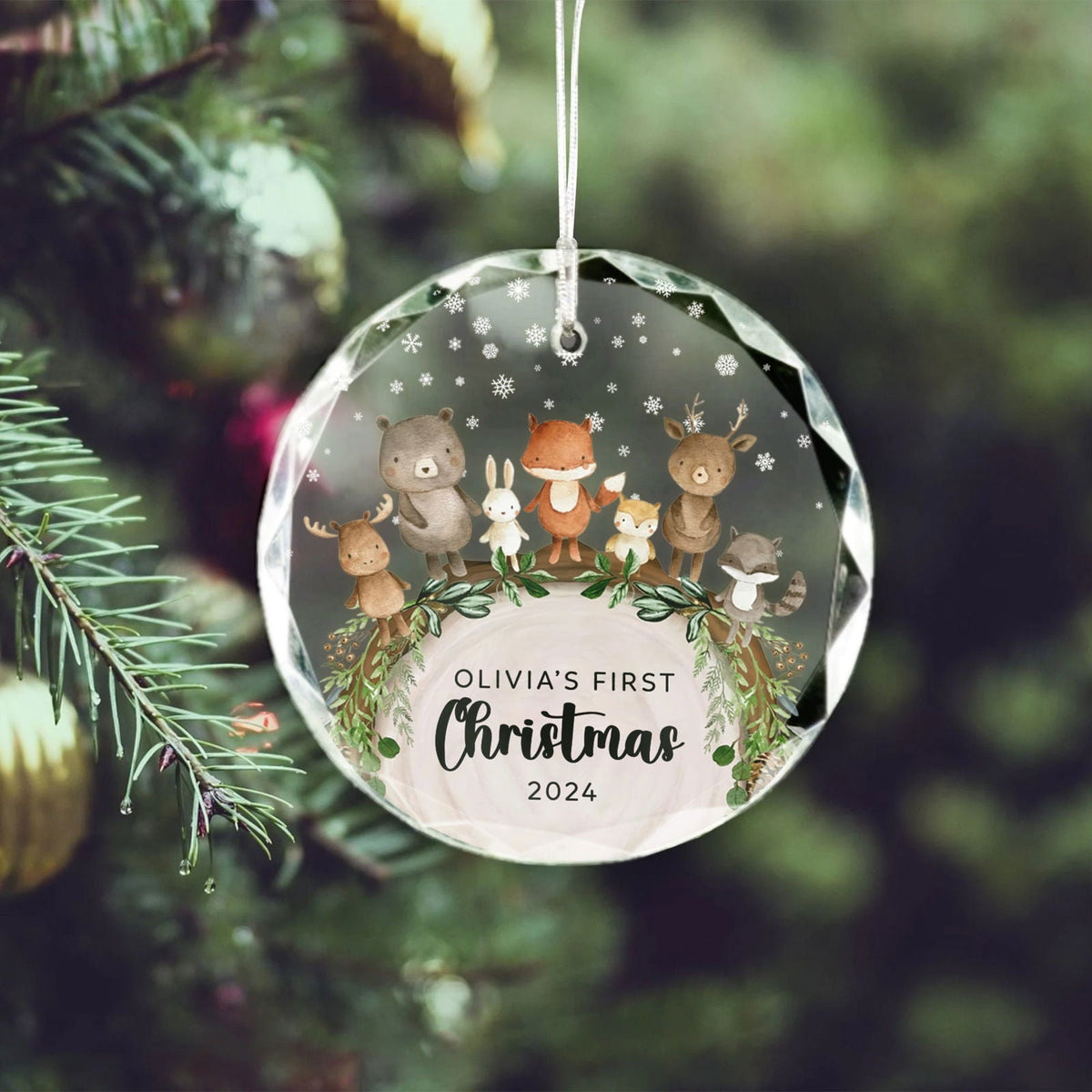 Baby's 1st Christmas Glass Ornament, Personalized Woodland Creatures, Baby Deer Ornament, Holiday Keepsake Ornament, New Baby Gift, 2025 Custom Baby Ornament GX06-12
