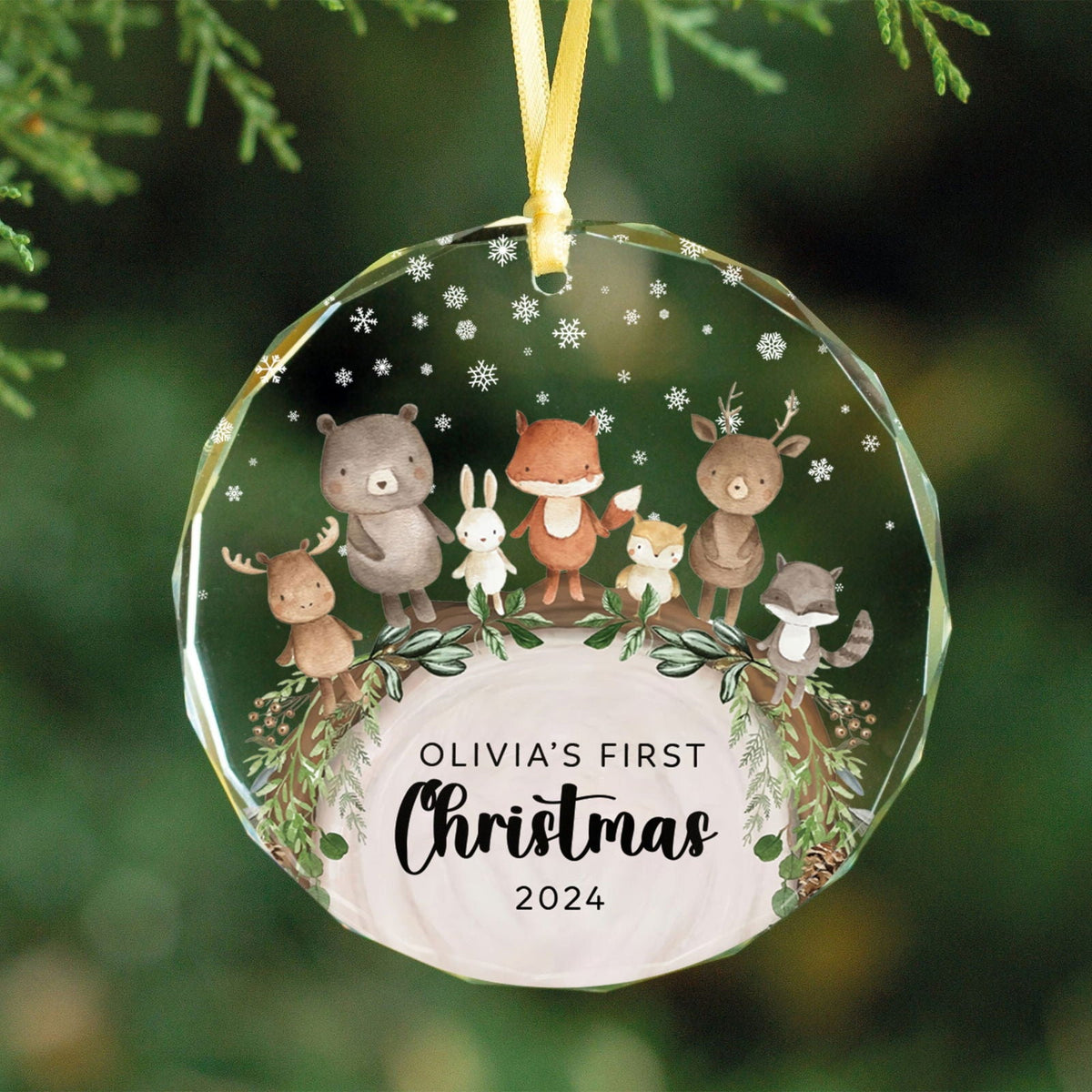 Baby's 1st Christmas Glass Ornament, Personalized Woodland Creatures, Baby Deer Ornament, Holiday Keepsake Ornament, New Baby Gift, 2025 Custom Baby Ornament GX06-12