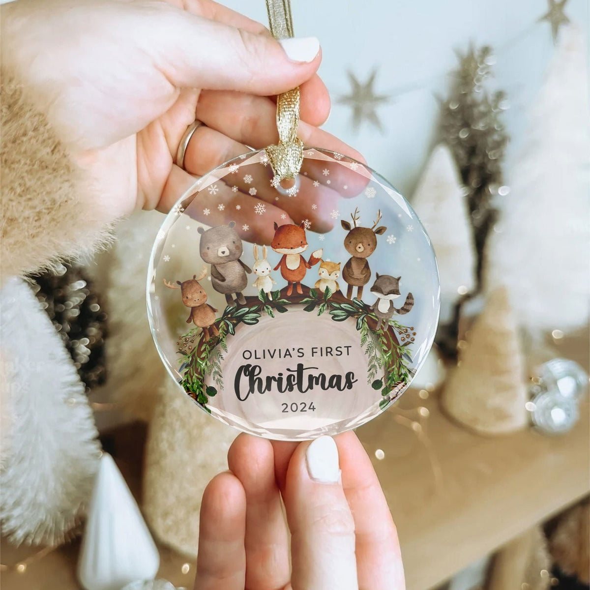 Baby's 1st Christmas Glass Ornament, Personalized Woodland Creatures, Baby Deer Ornament, Holiday Keepsake Ornament, New Baby Gift, 2025 Custom Baby Ornament GX06-12