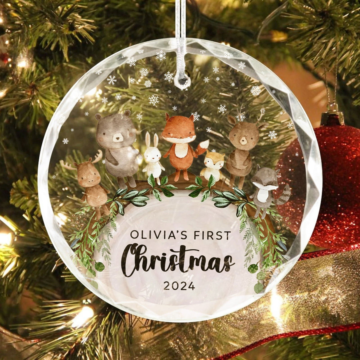 Baby's 1st Christmas Glass Ornament, Personalized Woodland Creatures, Baby Deer Ornament, Holiday Keepsake Ornament, New Baby Gift, 2025 Custom Baby Ornament GX06-12