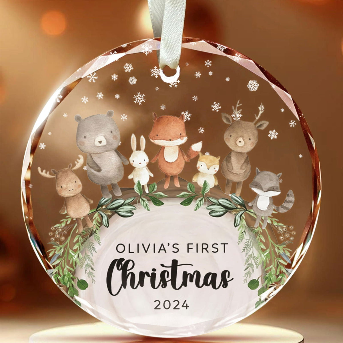 Baby's 1st Christmas Glass Ornament, Personalized Woodland Creatures, Baby Deer Ornament, Holiday Keepsake Ornament, New Baby Gift, 2025 Custom Baby Ornament GX06-12