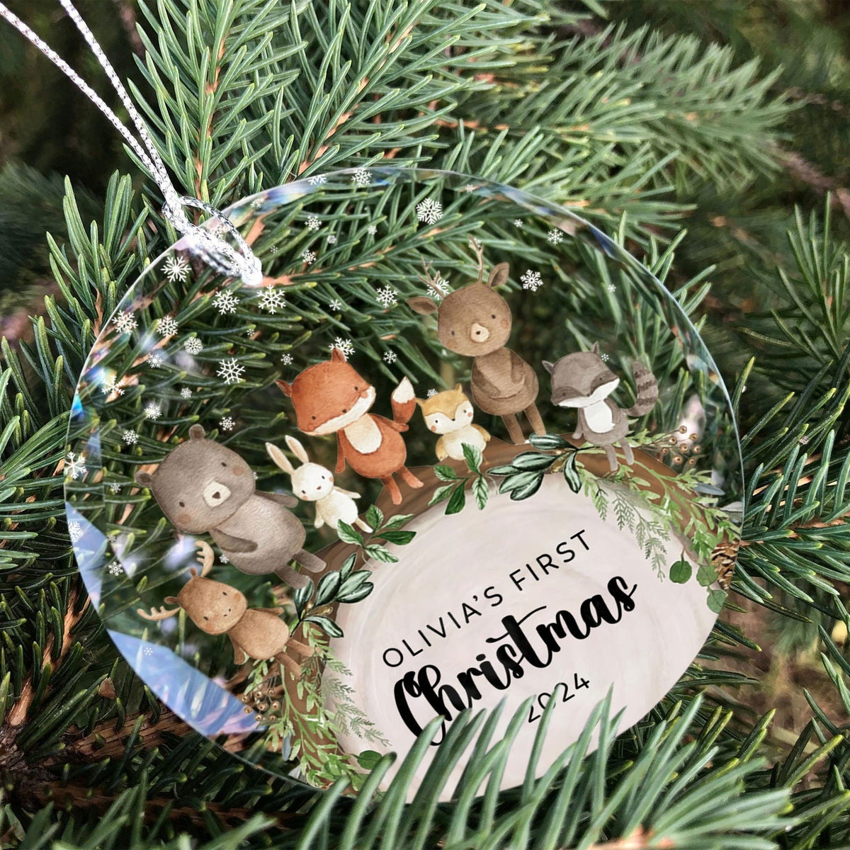 Baby's 1st Christmas Glass Ornament, Personalized Woodland Creatures, Baby Deer Ornament, Holiday Keepsake Ornament, New Baby Gift, 2025 Custom Baby Ornament GX06-12