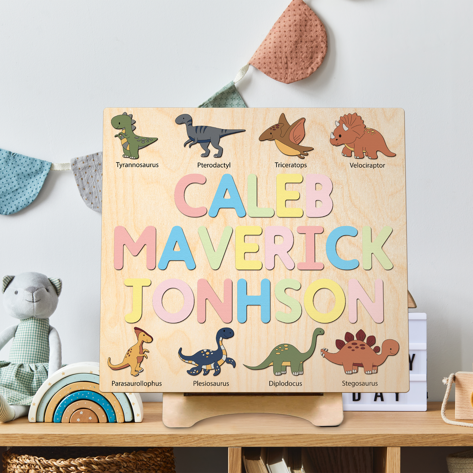 Cute Dinosaurs Name Puzzle For Toddlers, Baby Name Wooden Puzzle, Wooden Montessori Toys, 1st Birthday Gifts For Kids, First Christmas Gifts idea NP07