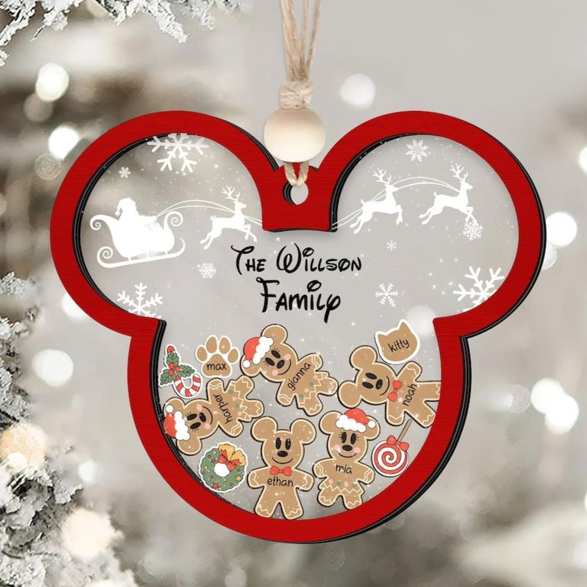 Gingerbread Mickey Mouse Family Ornament, Personalized Family Ornaments With Pets, 3 Layer Wooden Ornament CF74