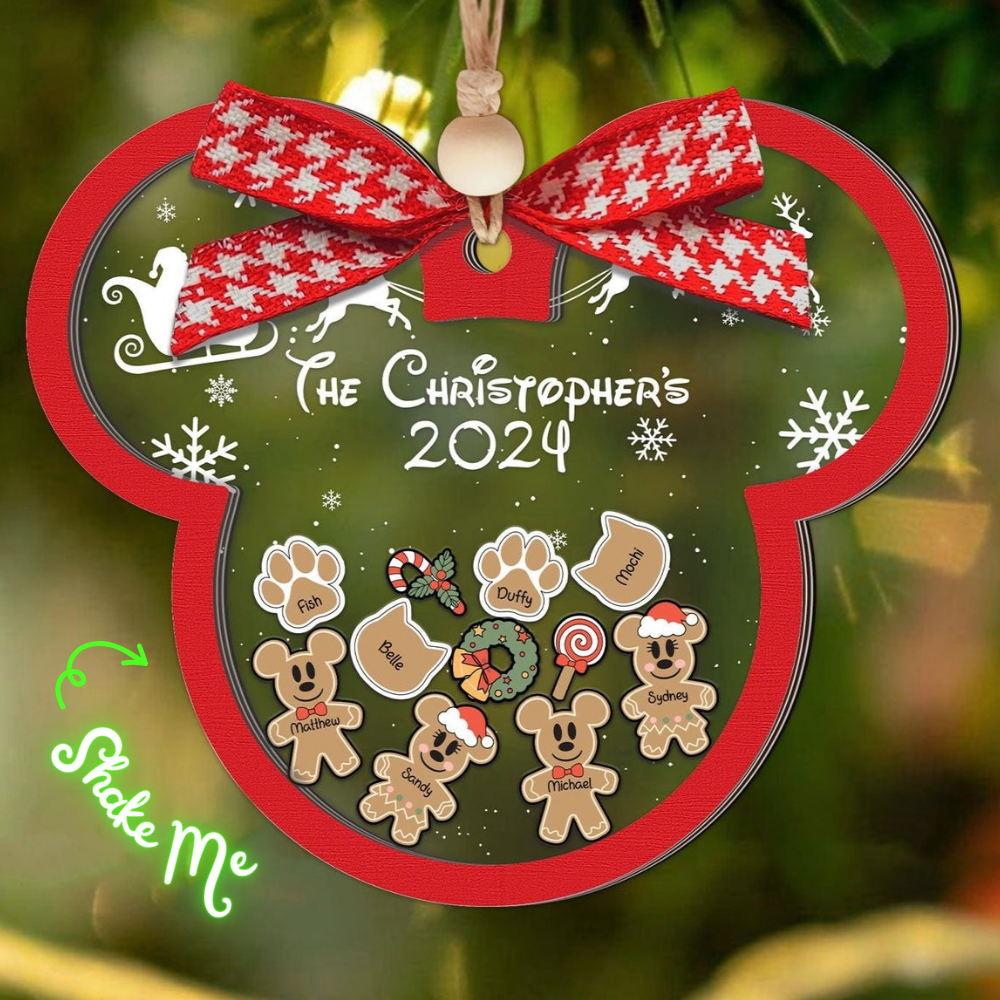 Gingerbread Mickey Mouse Family Ornament, Personalized Family Ornaments With Pets, 3 Layer Wooden Ornament CF74