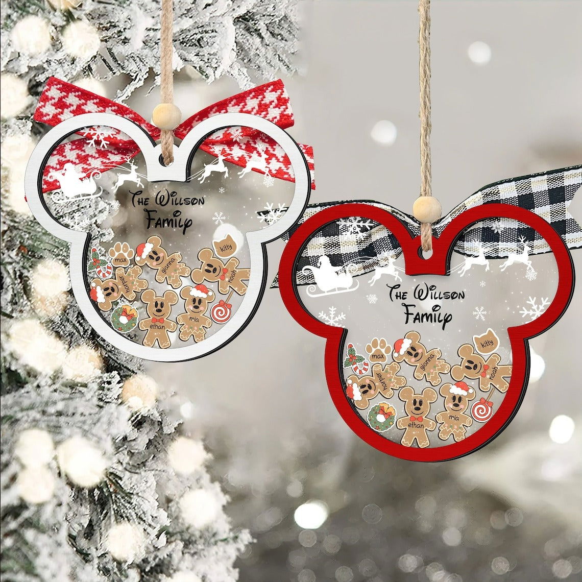 Gingerbread Mickey Mouse Family Ornament, Personalized Family Ornaments With Pets, 3 Layer Wooden Ornament CF74