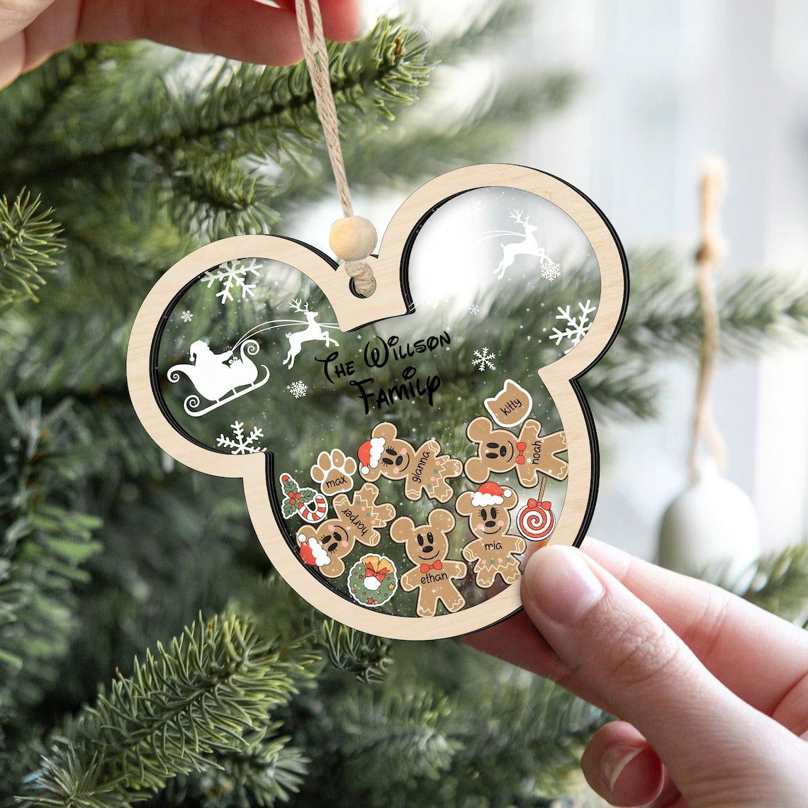 Gingerbread Mickey Mouse Family Ornament, Personalized Family Ornaments With Pets, 3 Layer Wooden Ornament CF74