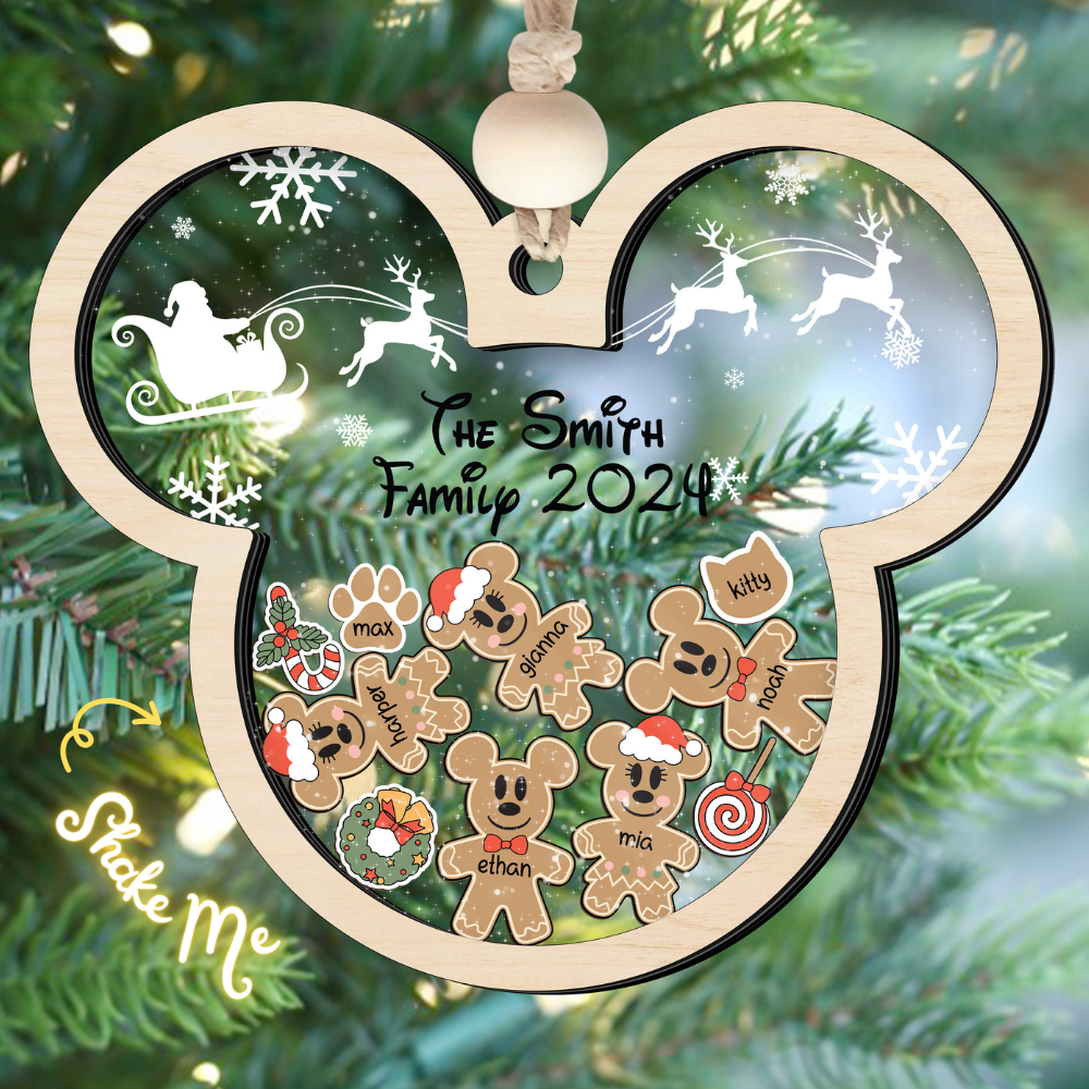 Gingerbread Mickey Mouse Family Ornament, Personalized Family Ornaments With Pets, 3 Layer Wooden Ornament CF74