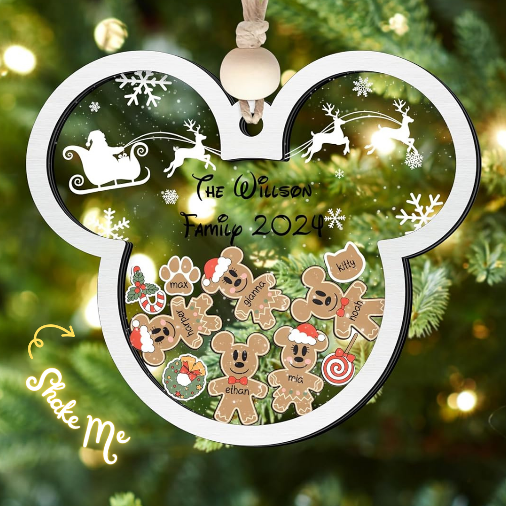 Gingerbread Mickey Mouse Family Ornament, Personalized Family Ornaments With Pets, 3 Layer Wooden Ornament CF74