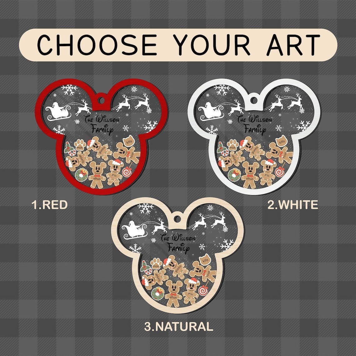 Gingerbread Mickey Mouse Family Ornament, Personalized Family Ornaments With Pets, 3 Layer Wooden Ornament CF74