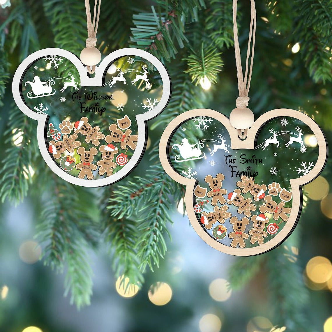 Gingerbread Mickey Mouse Family Ornament, Personalized Family Ornaments With Pets, 3 Layer Wooden Ornament CF74
