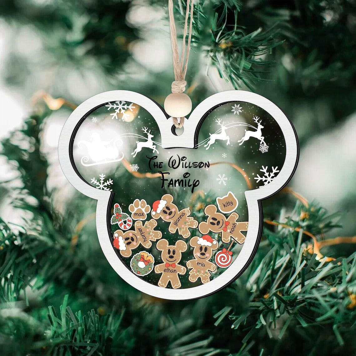 Gingerbread Mickey Mouse Family Ornament, Personalized Family Ornaments With Pets, 3 Layer Wooden Ornament CF74