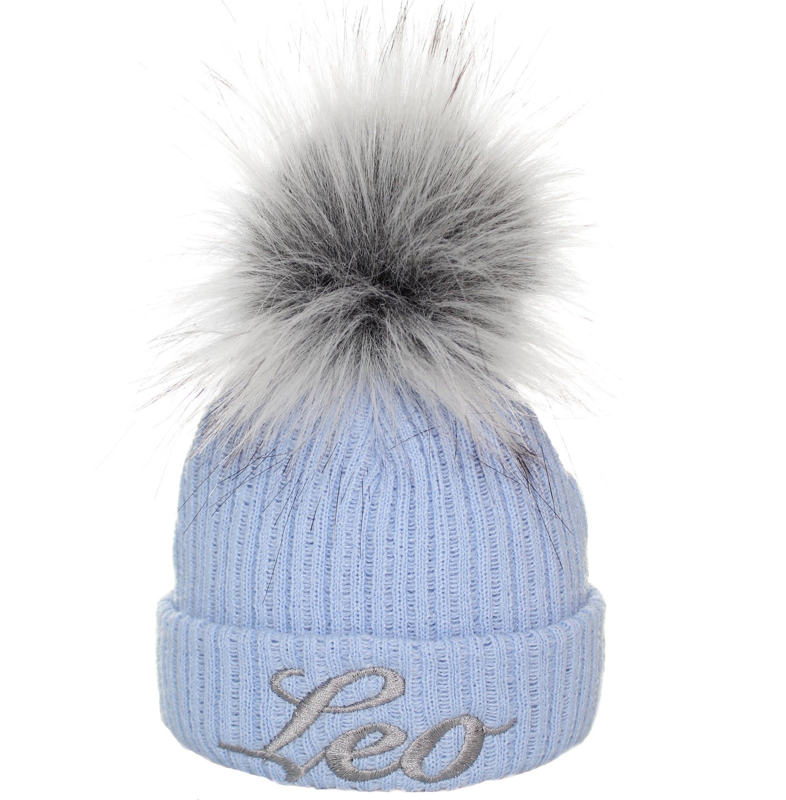 Personalised Baby Blue Hat with Faux Fur Pom Pom | Newborn & 0–6 Months