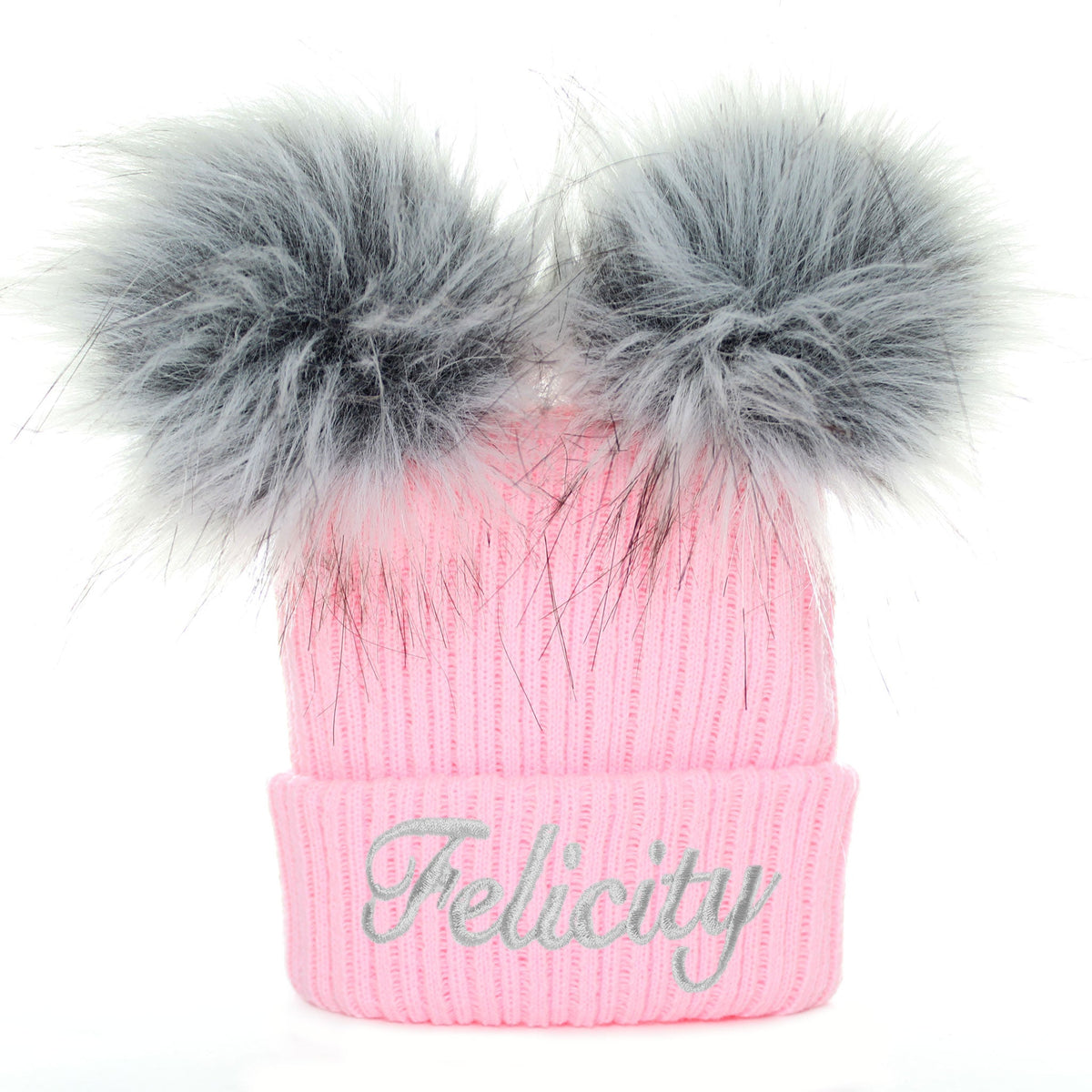 Personalised Pink Baby Girl Pom Hat with Two Grey Poms – Embroidered Name