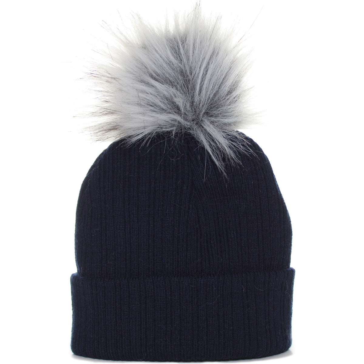 Navy Faux Fur Baby Pom Pom Hat - Newborn &amp; 0-6 Month