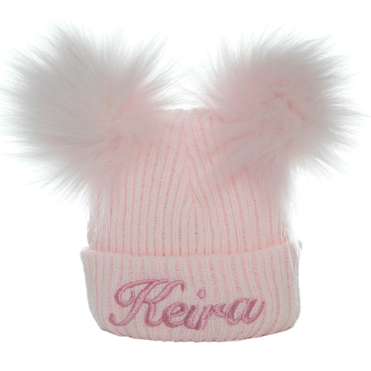 Personalised Baby Pom Hat – Pastel Pink Double Pom | Newborn &amp; 0–6 Months