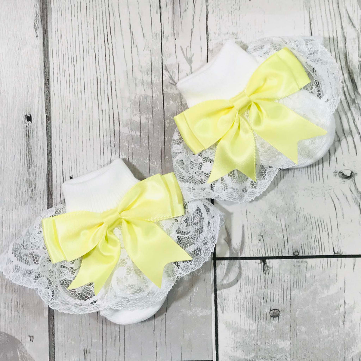 Baby Girl Fancy Lace Satin Yellow Bow | White Ankle Socks