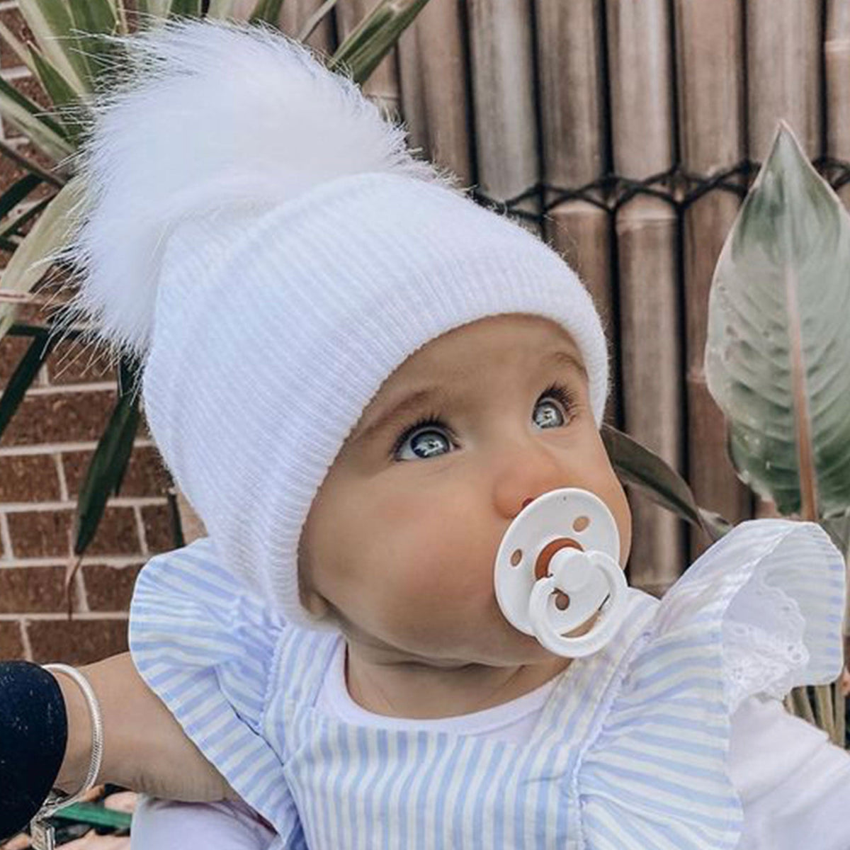 Baby Pom Hat – White Faux Fur | Unisex | Newborn &amp; 0–6 Months
