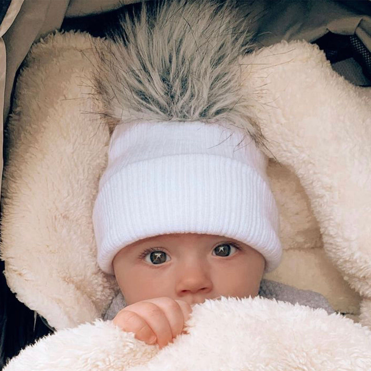 White Faux Fur Baby Pom Pom Hat - Newborn to 6 Month