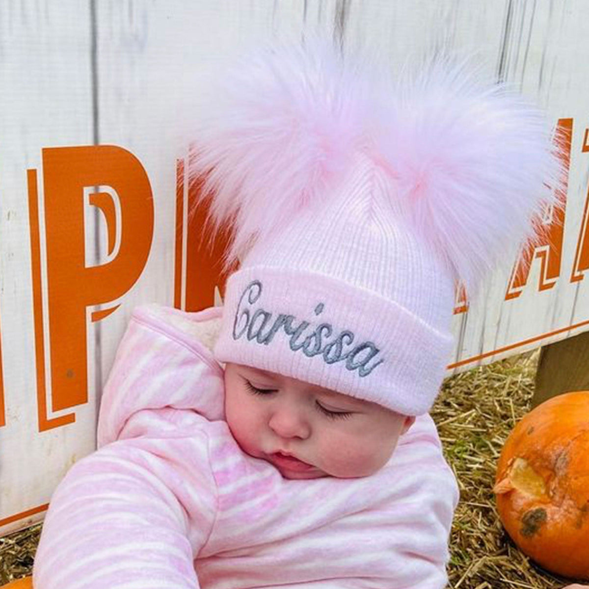 Personalised Baby Pom Hat – Pastel Pink Double Pom | Newborn &amp; 0–6 Months