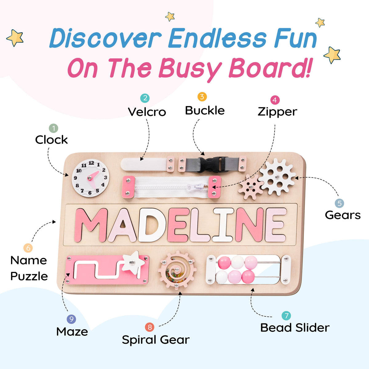 Personalized Busy Board Name Puzzle - Wooden Montessori Toys | Kindlytoys