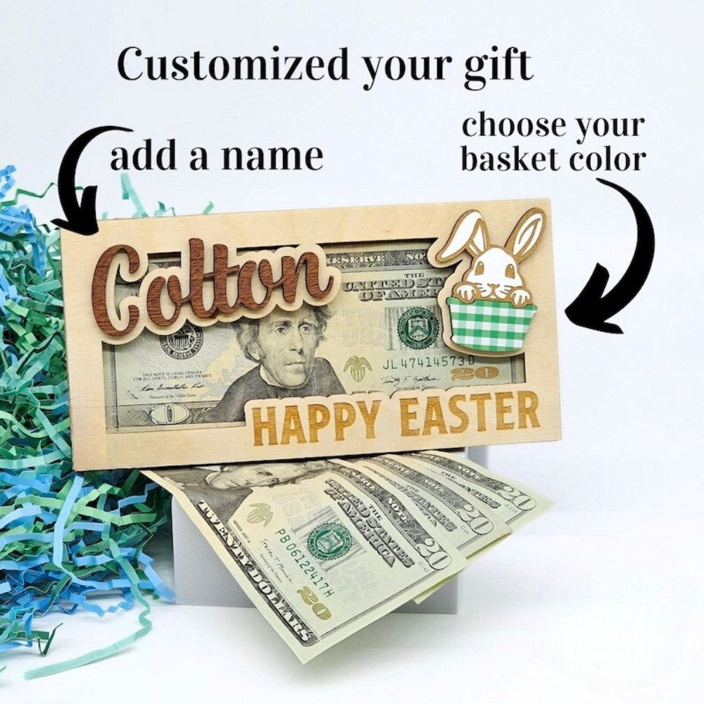Personalized Easter Bunny Money Holder, Wooden Easter Gifts Idea For Kids MH04