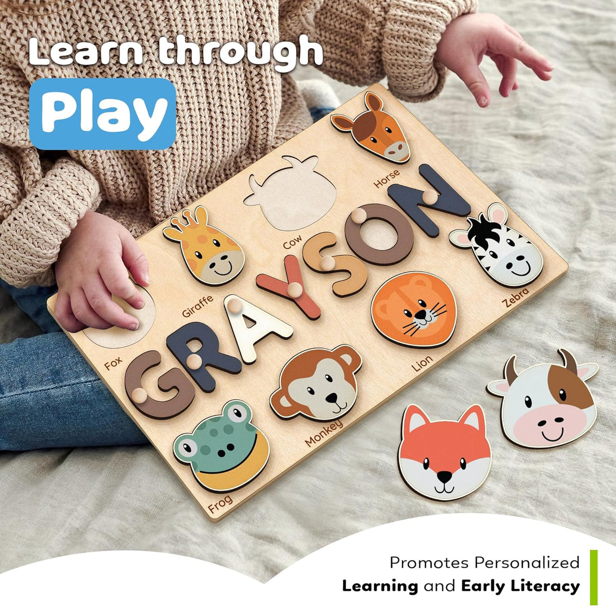 Personalized Name Puzzle With Animals, Wooden Montessori Toys NP32