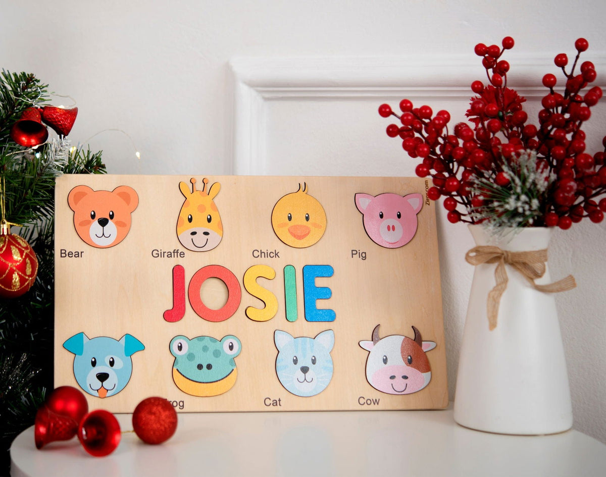 Personalized Name Puzzle With Animals, Wooden Montessori Toys NP32