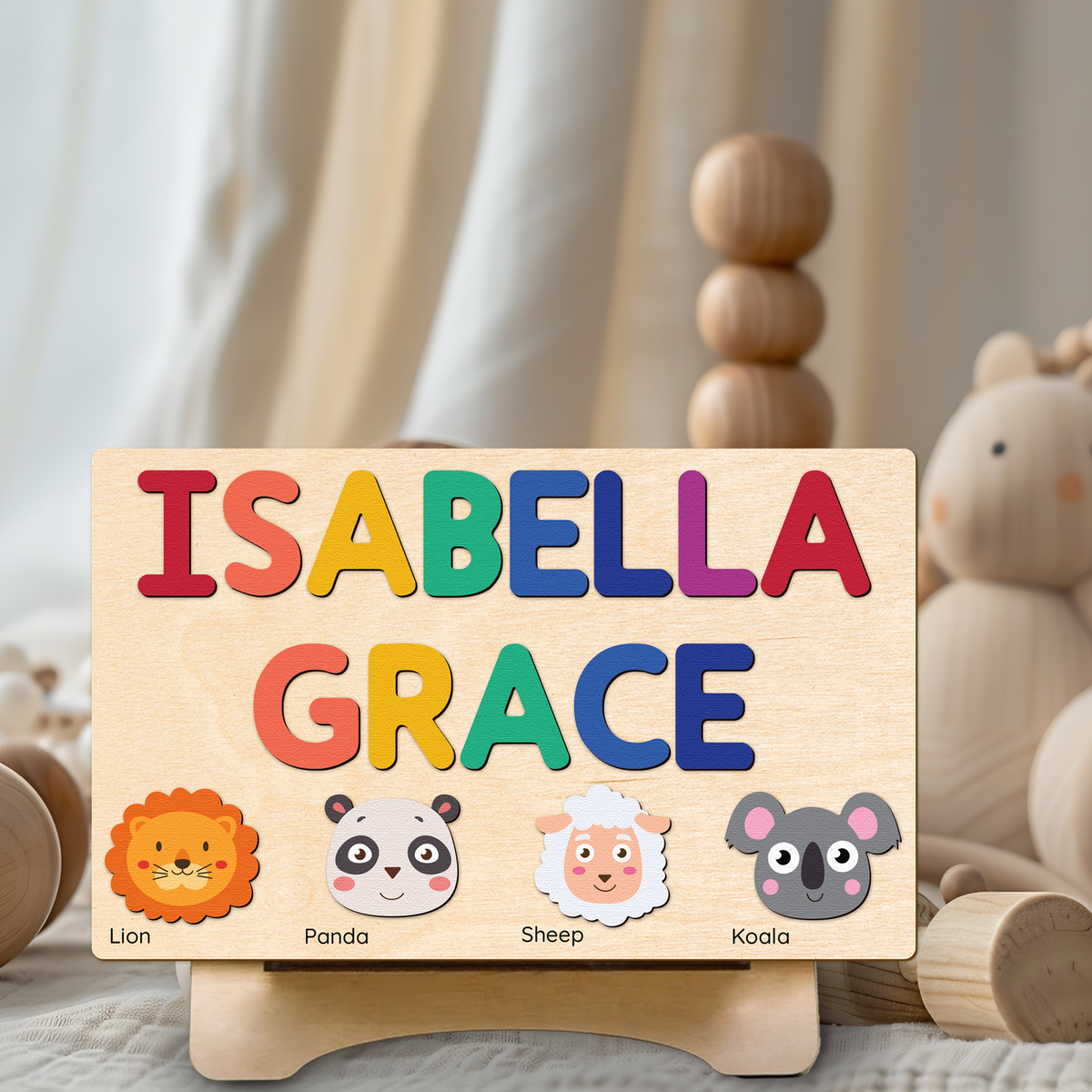 Personalized Name Puzzle With Animals, Wooden Montessori Toys NP32