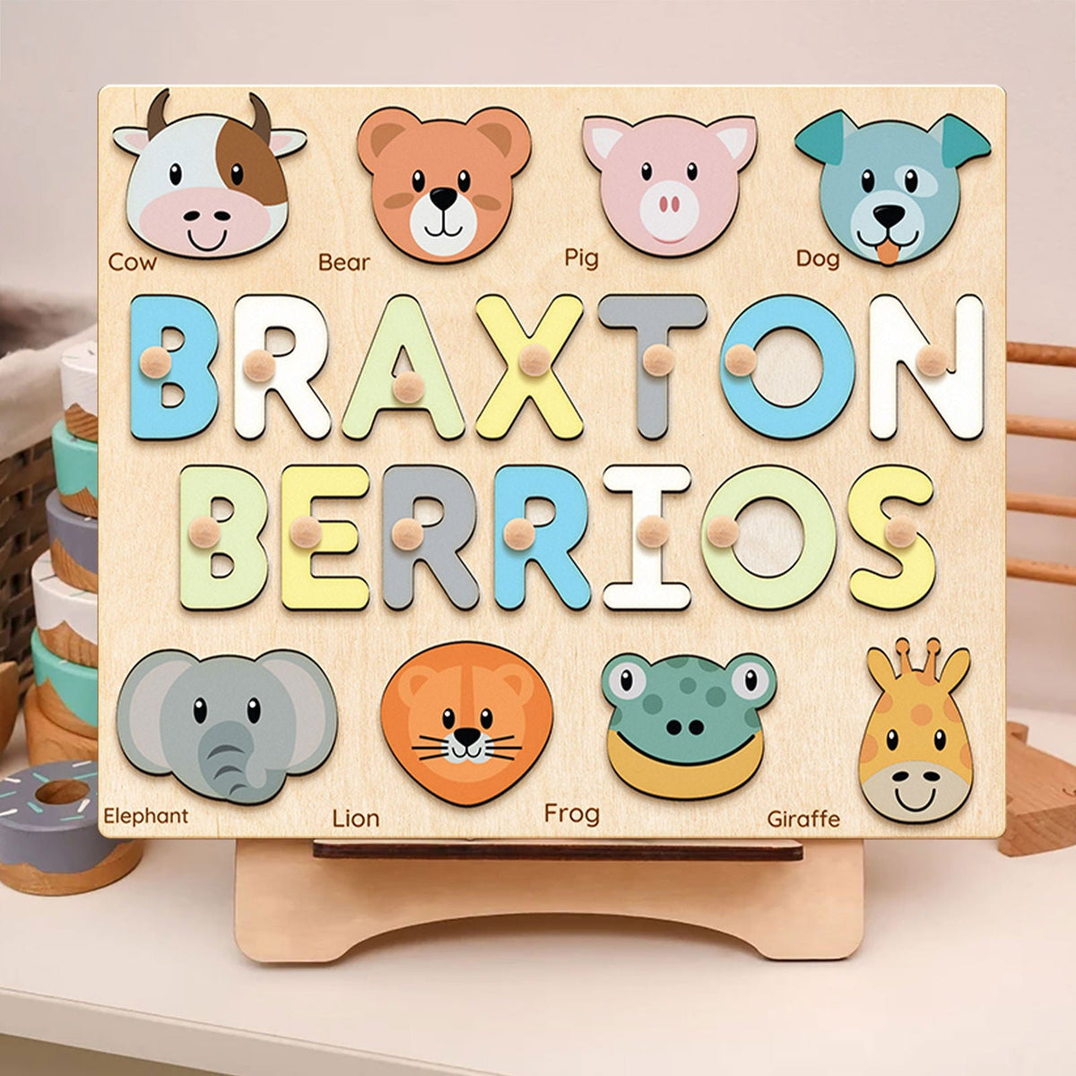 Personalized Name Puzzle With Animals, Wooden Montessori Toys NP32