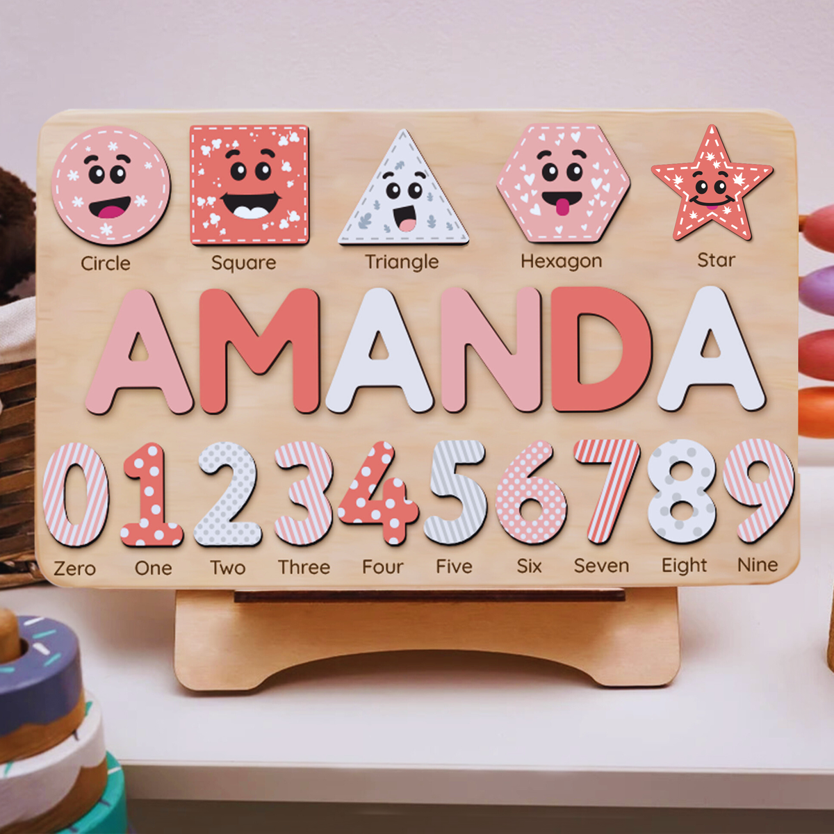 Personalized Wooden Shaped &amp; Numbers Name Puzzle, Gifts For 1 2 3 Year Old, Wooden Name Puzzle For Kids, Montessori Toys | Kindly Toys NP20